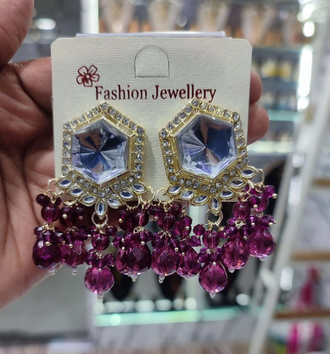 Traditional Hexagon Kundan Earrings Gold Plated Earrings for Woman Dangles