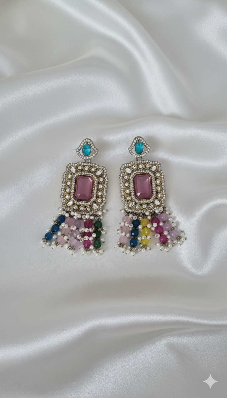 Pastel Pink & Gold Rectangle Chandelier Earrings
