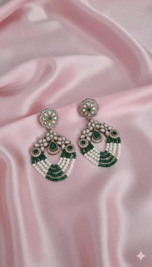 Emerald Green Multi-Strand Pearl Beaded Dangles Earrings