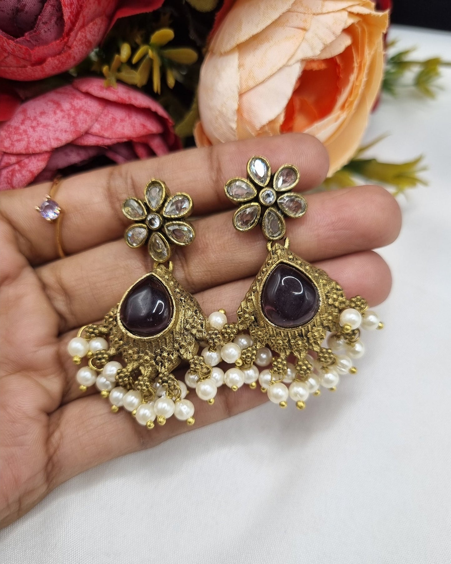 Antique Gold Pearls Drop Earrings