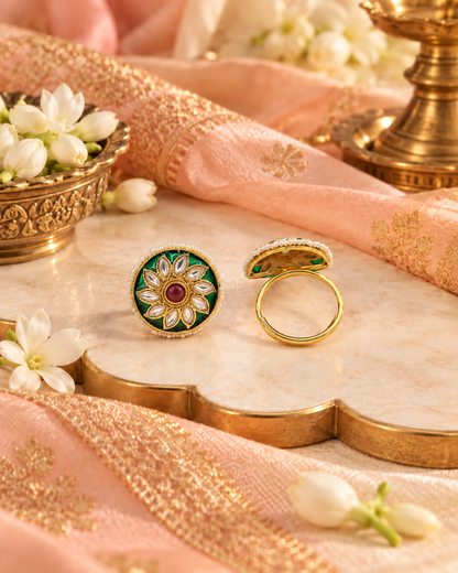 Floral Rosette Meenakari Statement Ring with Pearl Edge