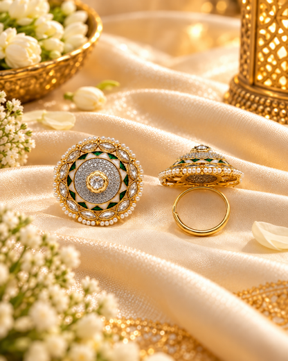 Dome Medallion Statement Ring with Micro-Pearl Border