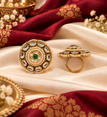 Intricate Dome-Style Concentric Statement Ring with Pearl Halo