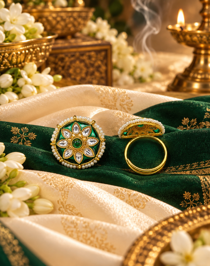 Floral Starburst Meenakari Ring with Pearl Border