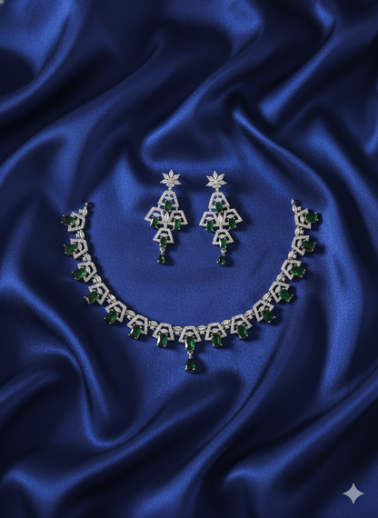 Vibrant Green and White American Diamond Link Necklace Set