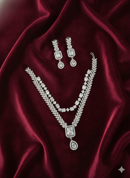 Elegant AD Silver Tone Two-Tier Necklace and Dangle Earring Set