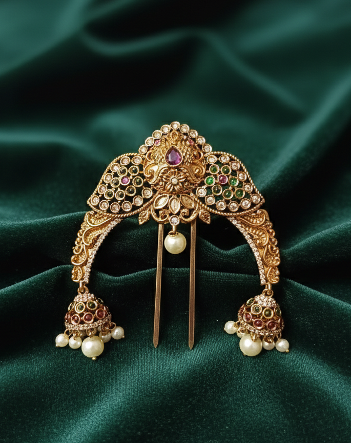 Vintage Gold Temple Hair Brooch  Traditional Stone Encrusted Jhumka Hair Pin