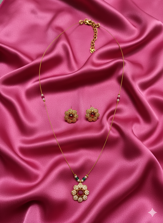 Traditional Floral Zircon Pendant Set with Matching Studs For Woman