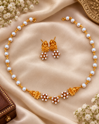 Temple Lakshmi Pearl Necklace Set