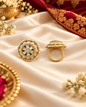 Ornate Geometric Statement Ring with Micro-Pearl Border