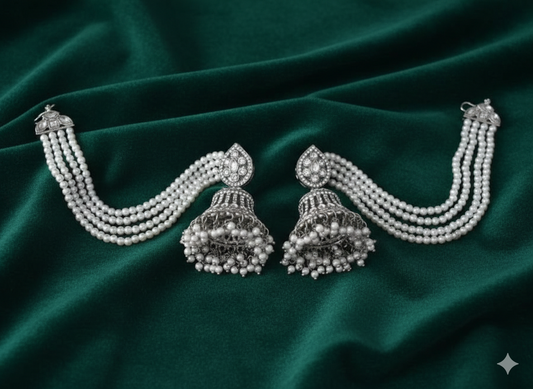 Sahare Jhumka Set  Rhodium Finish with Multi-Layered Pearl Chains