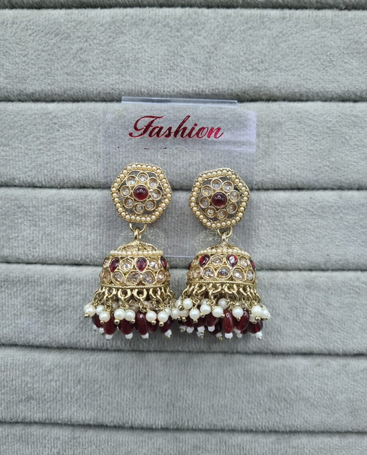 Maroon Antique Gold Jhumkha Earrings
