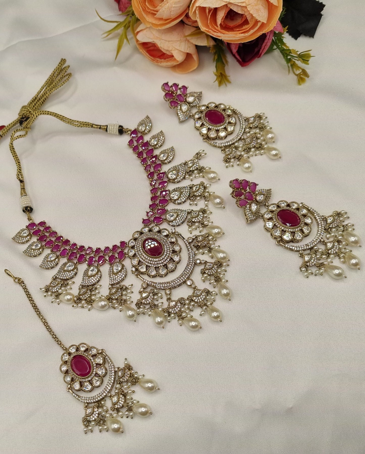 Ruby Pink Kundan Choker Set with Maang Tikka and Earrings
