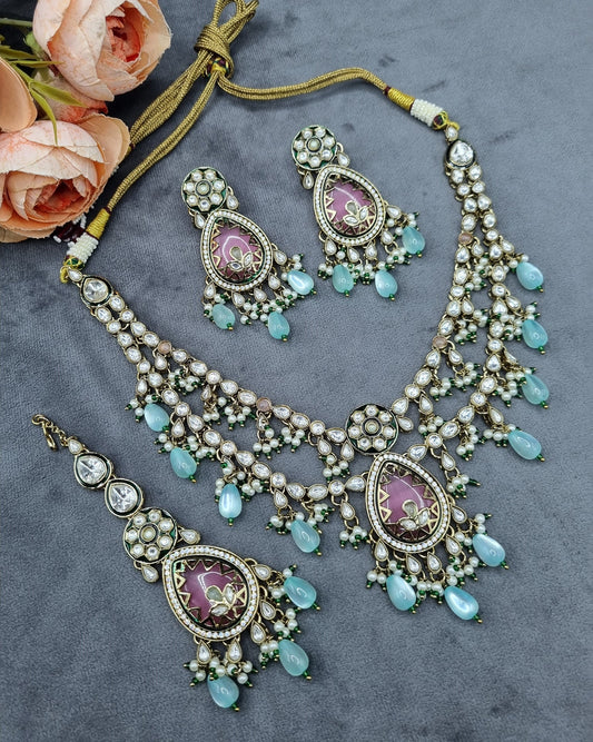 Handcrafted Kundan Layered Necklace Set with Earrings & Maangtikka