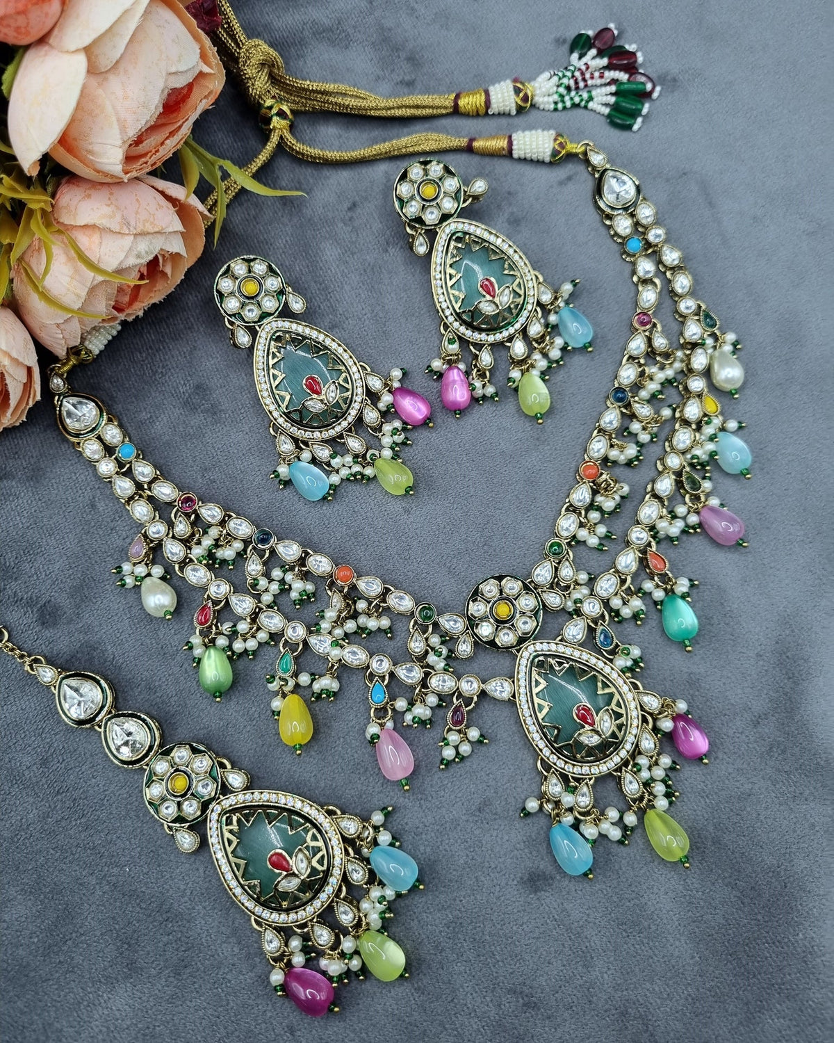 Handcrafted Kundan Layered Necklace Set with Earrings & Maangtikka