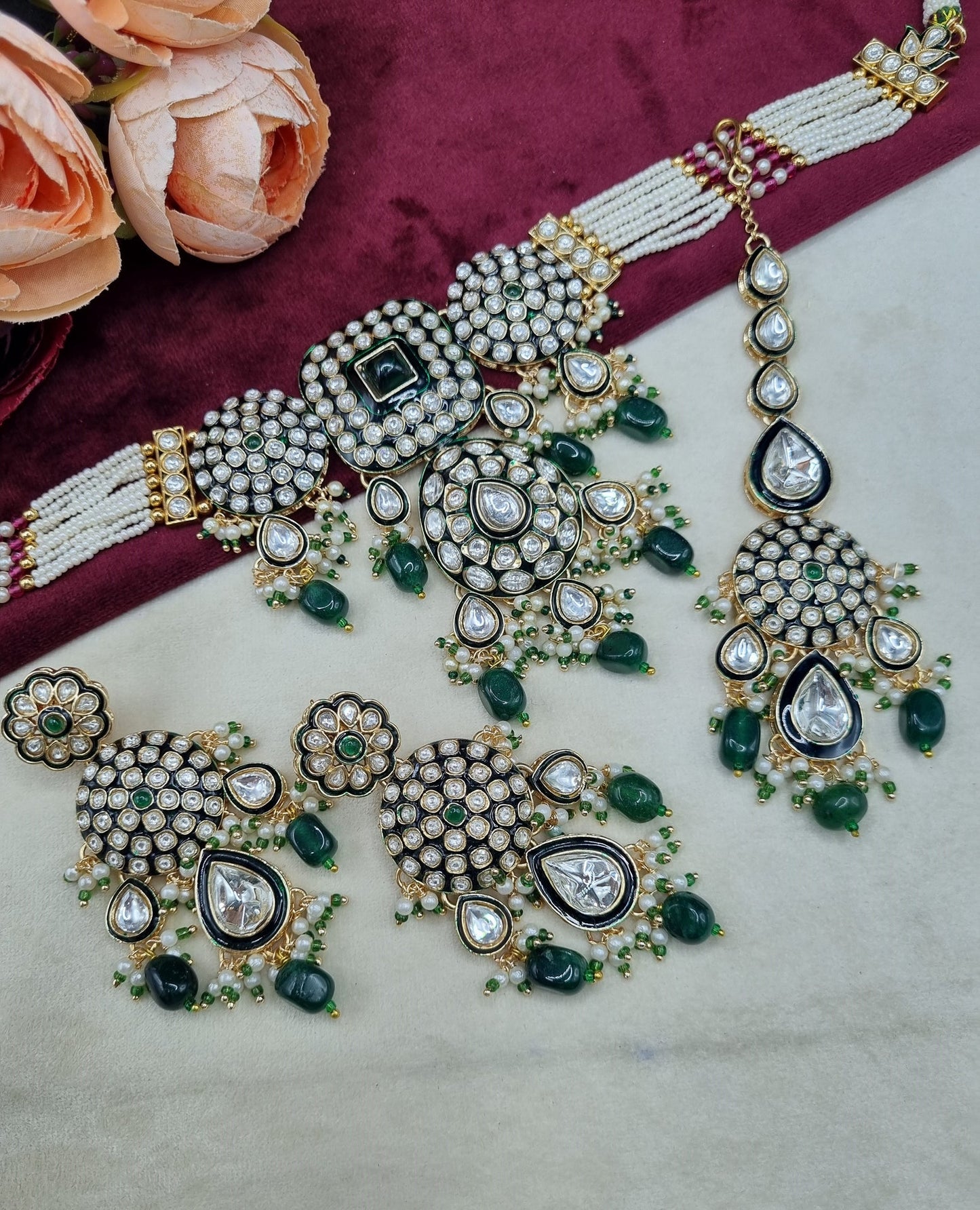 Royal Kundan & Pearl Choker Necklace Set with Maang Tikka & Earrings