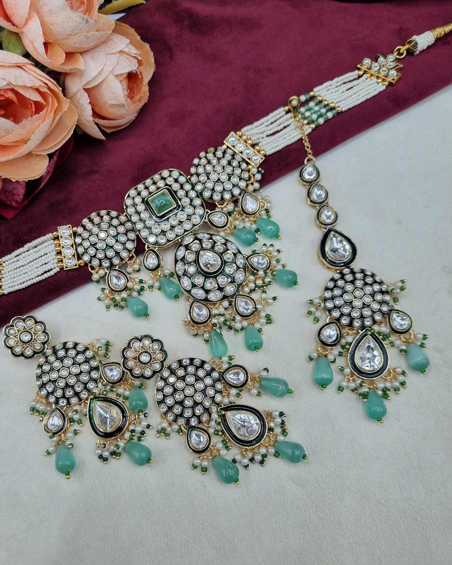 Royal Kundan & Pearl Choker Necklace Set with Maang Tikka & Earrings