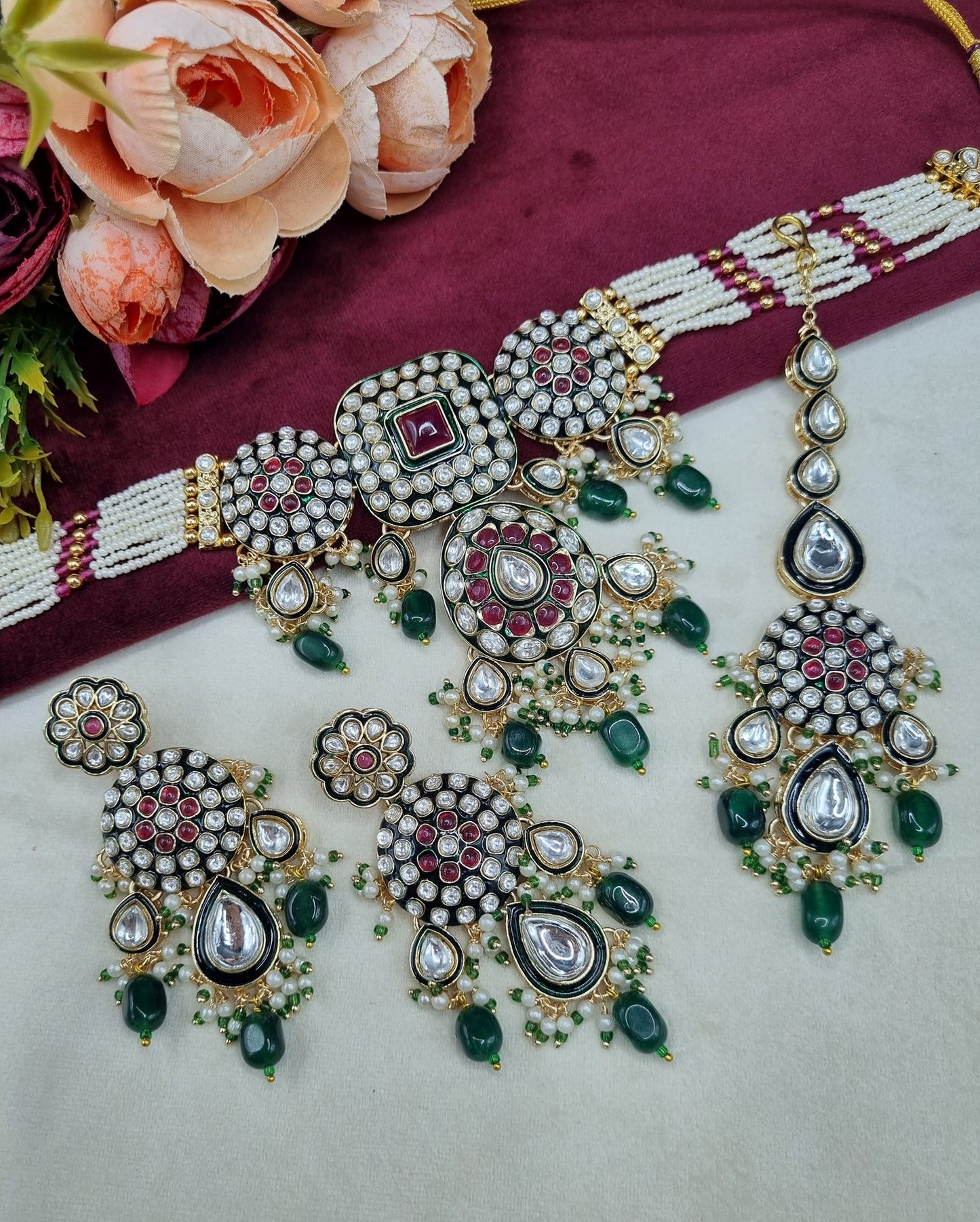 Royal Kundan & Pearl Choker Necklace Set with Maang Tikka & Earrings