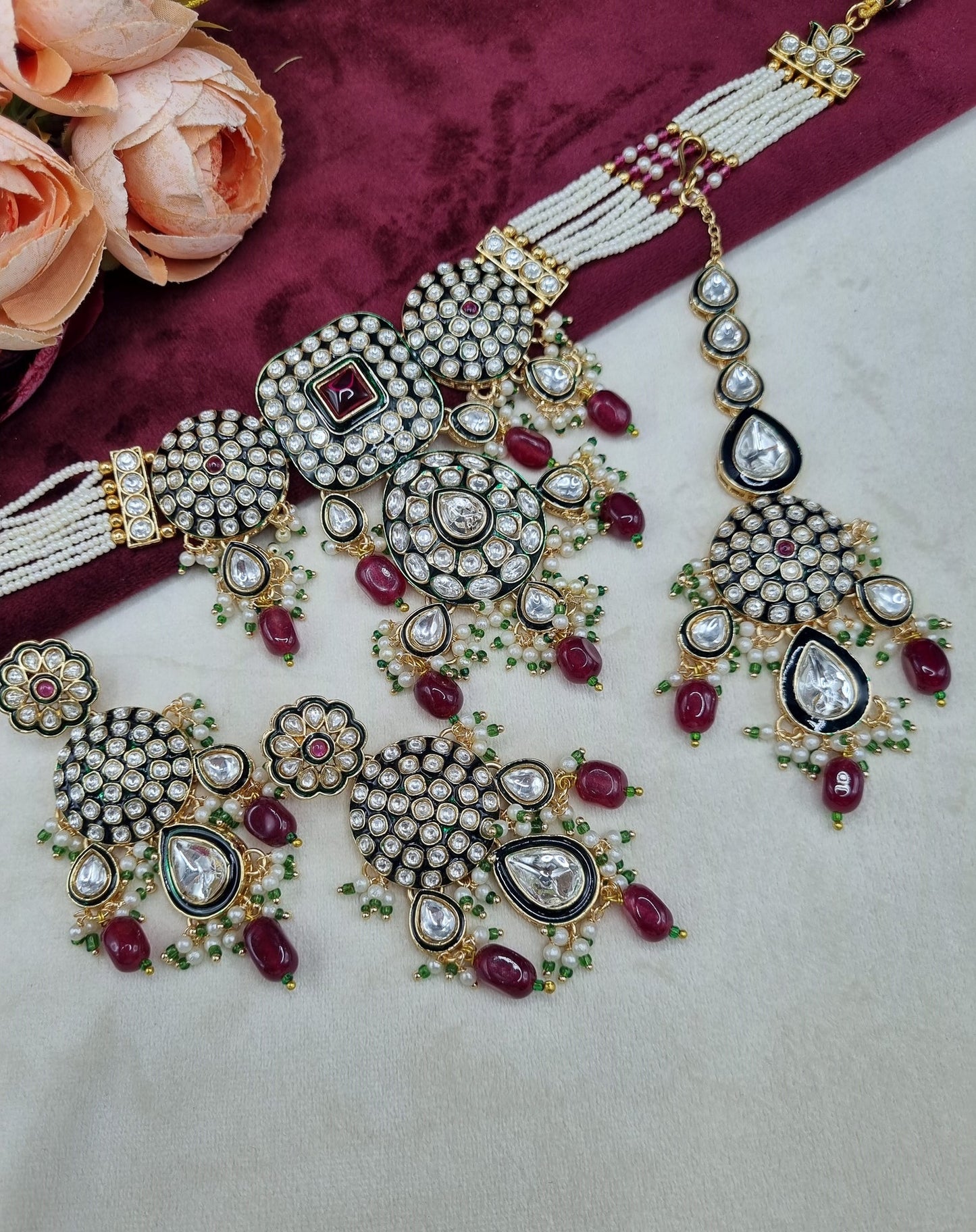 Royal Kundan & Pearl Choker Necklace Set with Maang Tikka & Earrings