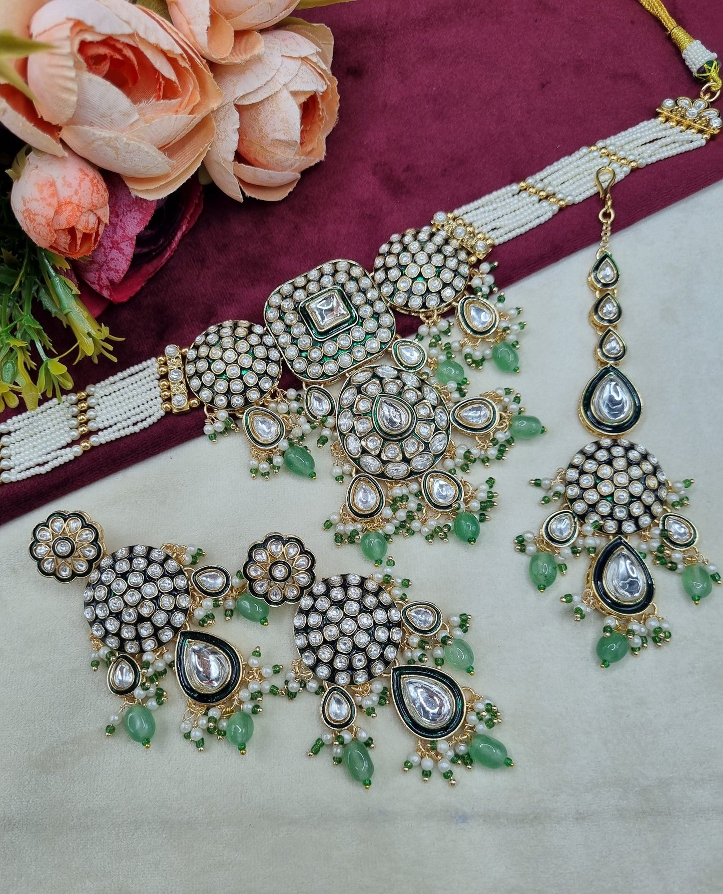 Royal Kundan & Pearl Choker Necklace Set with Maang Tikka & Earrings
