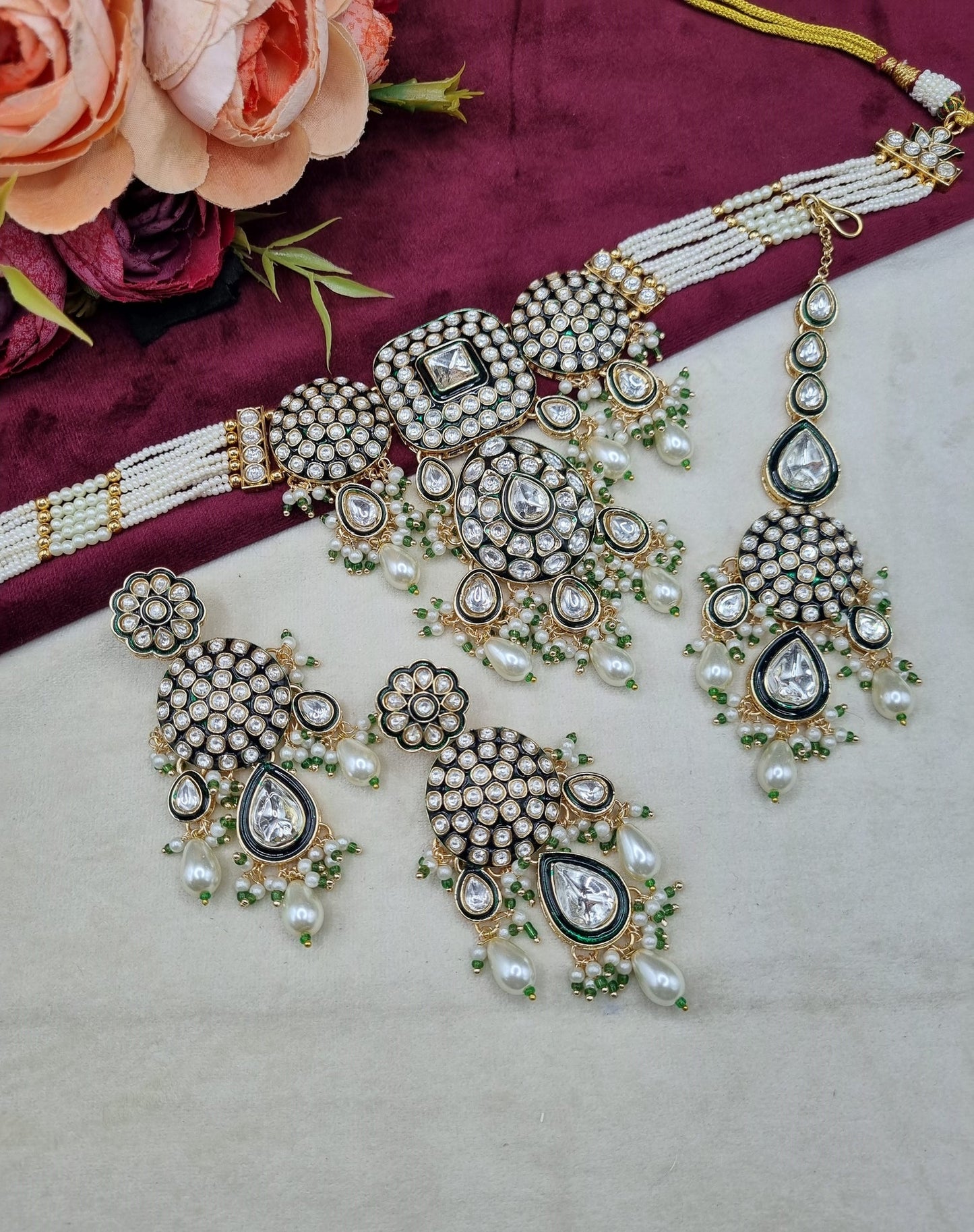 Royal Kundan & Pearl Choker Necklace Set with Maang Tikka & Earrings