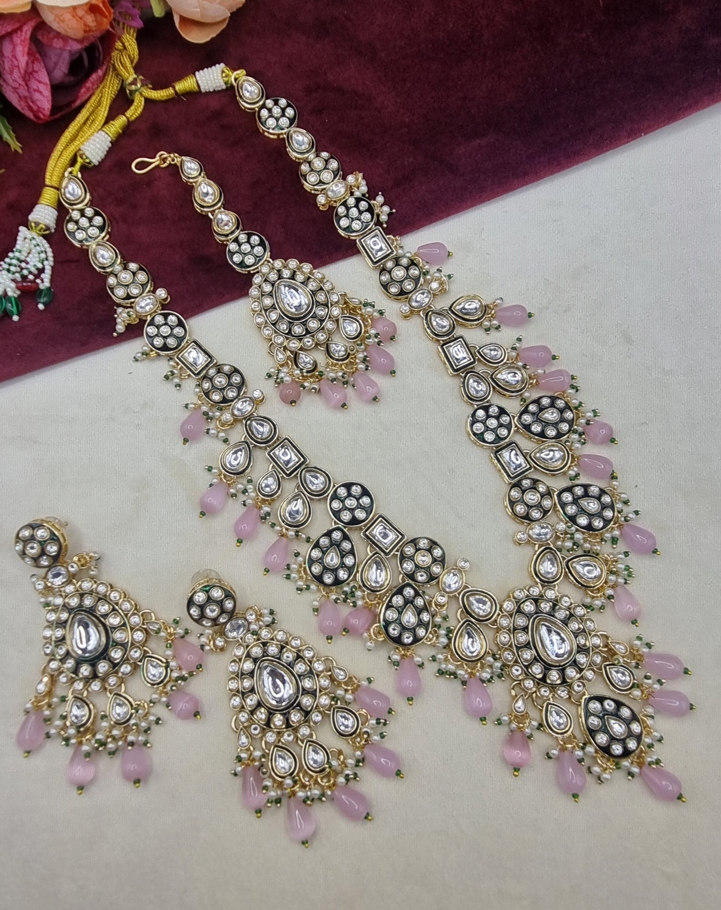 Long Kundan Haar Set with Earrings & Maang Tikka