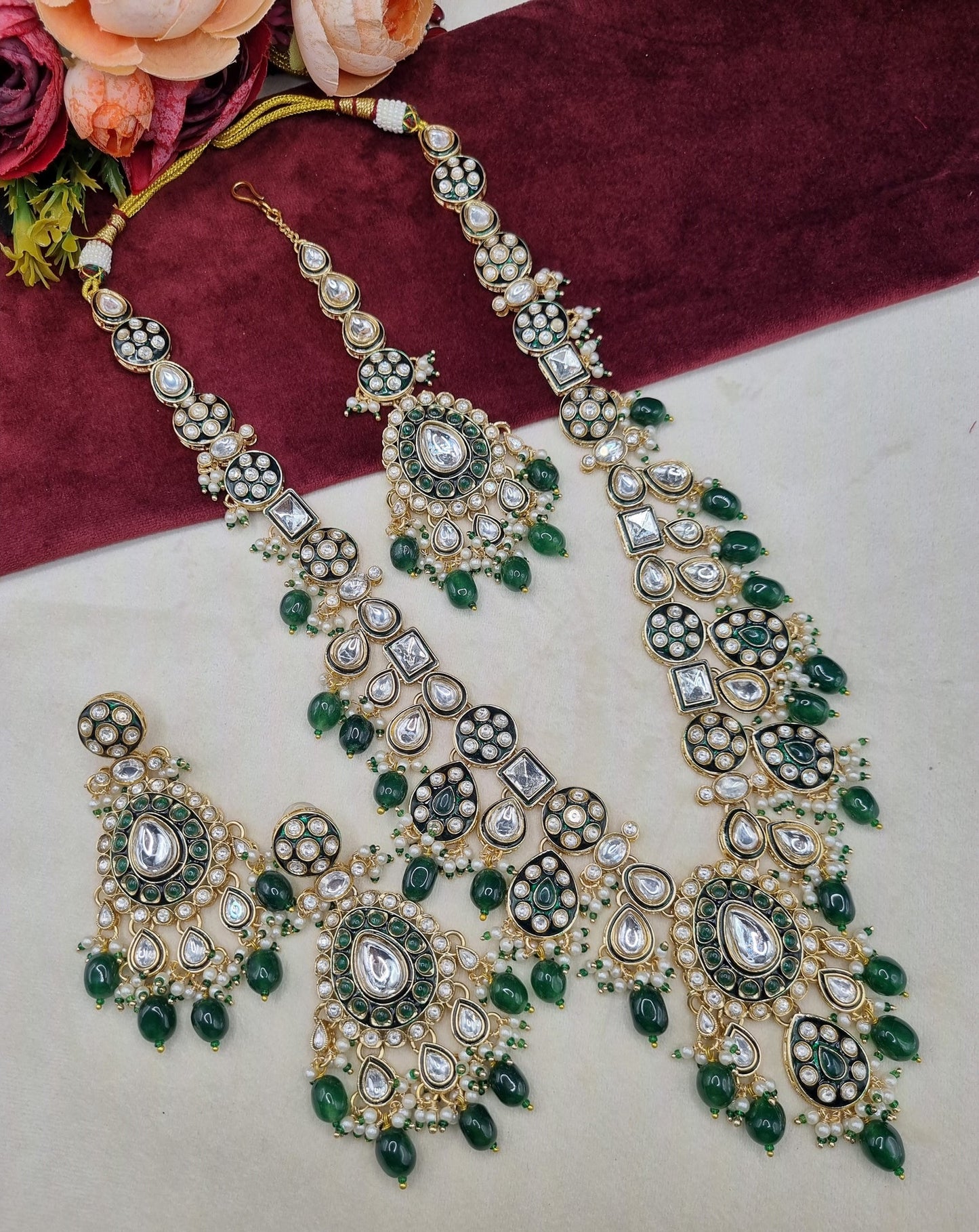 Long Kundan Haar Set with Earrings & Maang Tikka