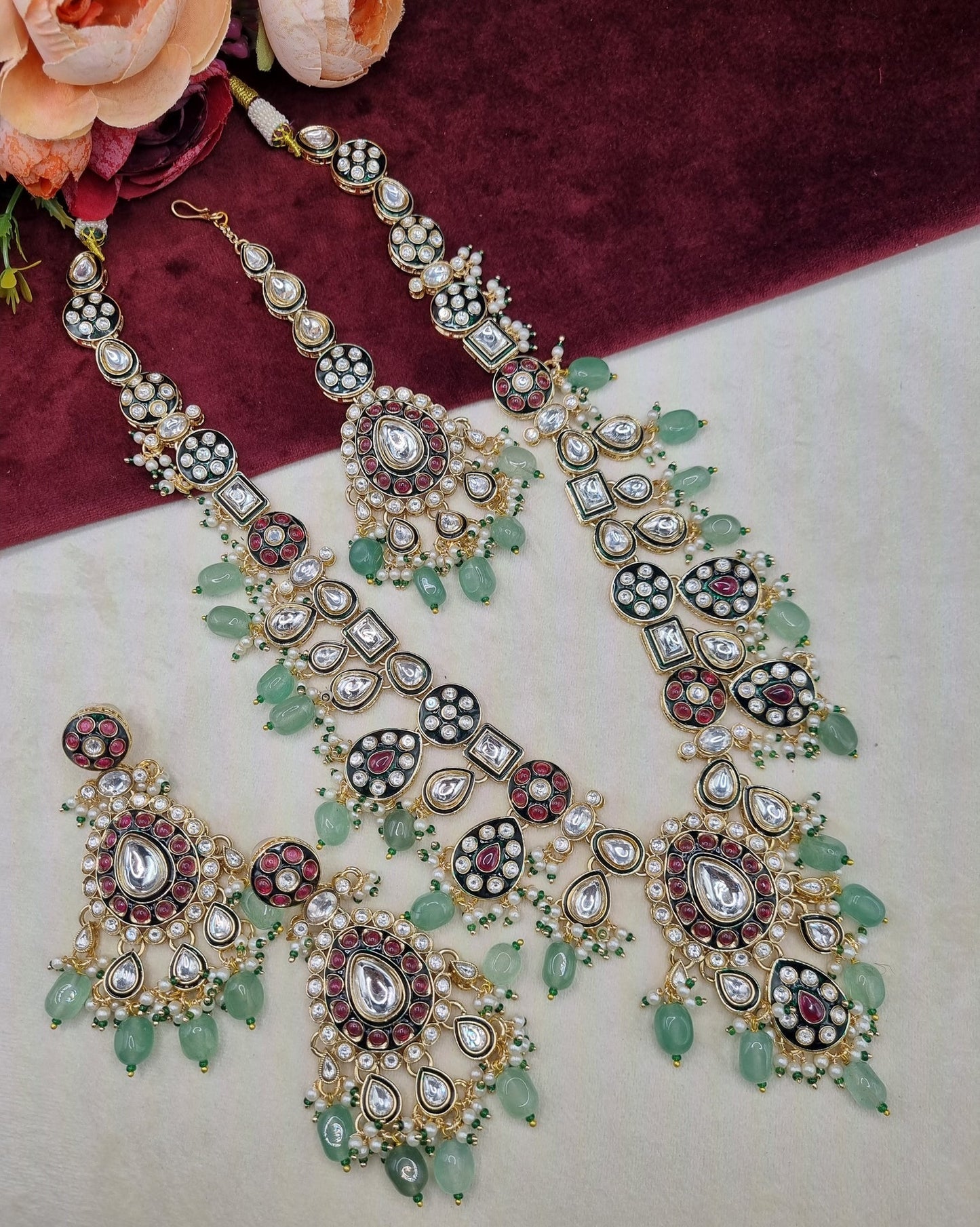 Long Kundan Haar Set with Earrings & Maang Tikka