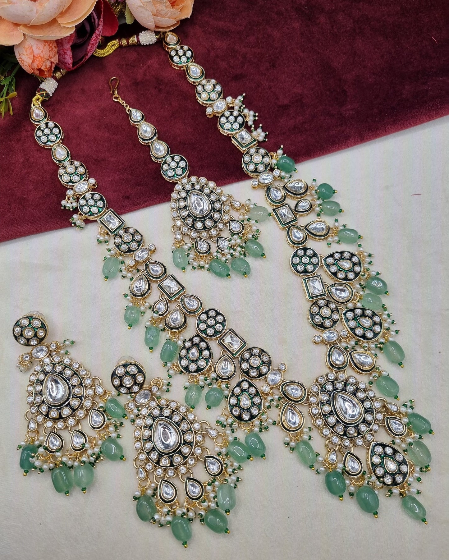 Long Kundan Haar Set with Earrings & Maang Tikka