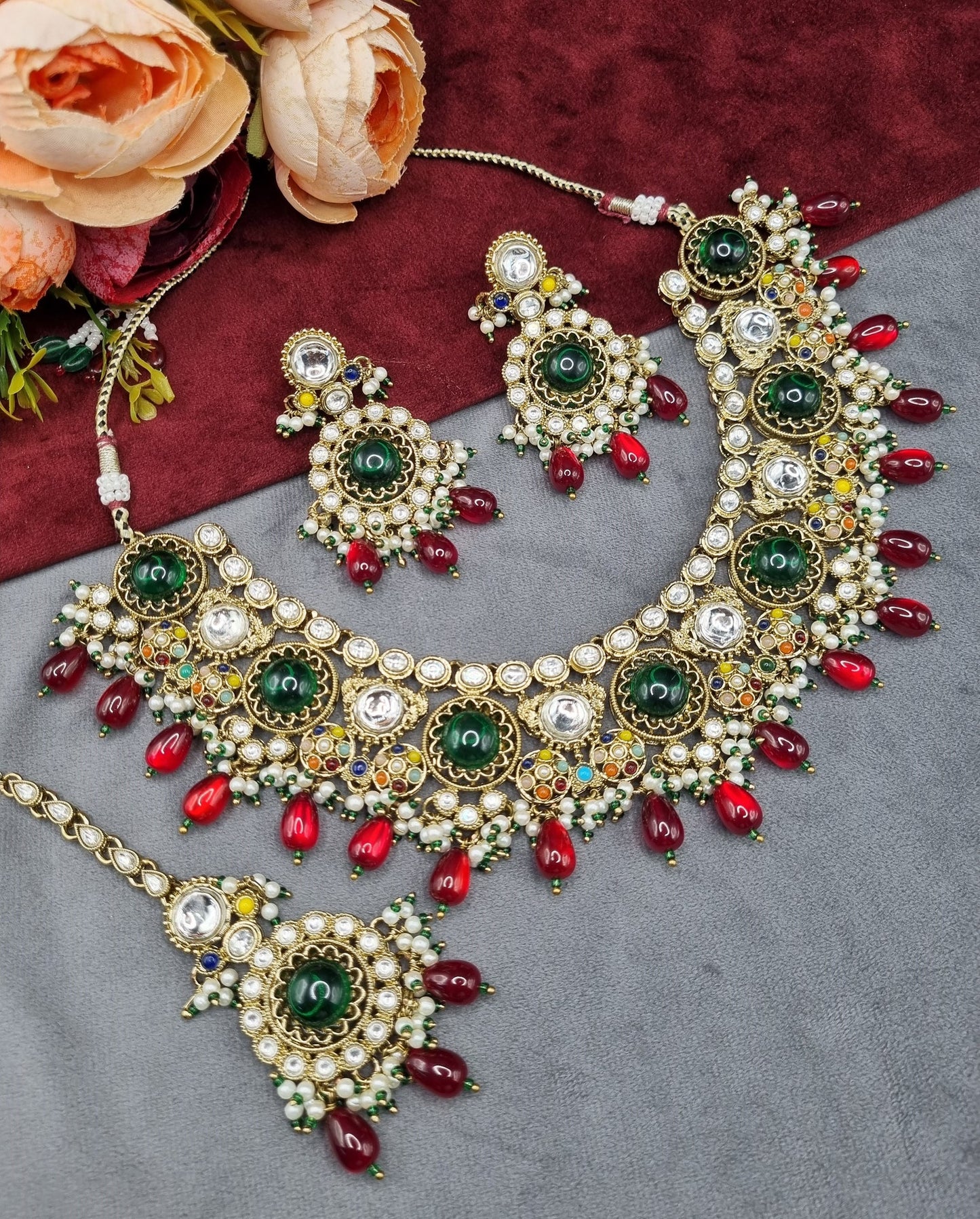 Traditional Gold-Tone Kundan Choker Set with Pearl Accents