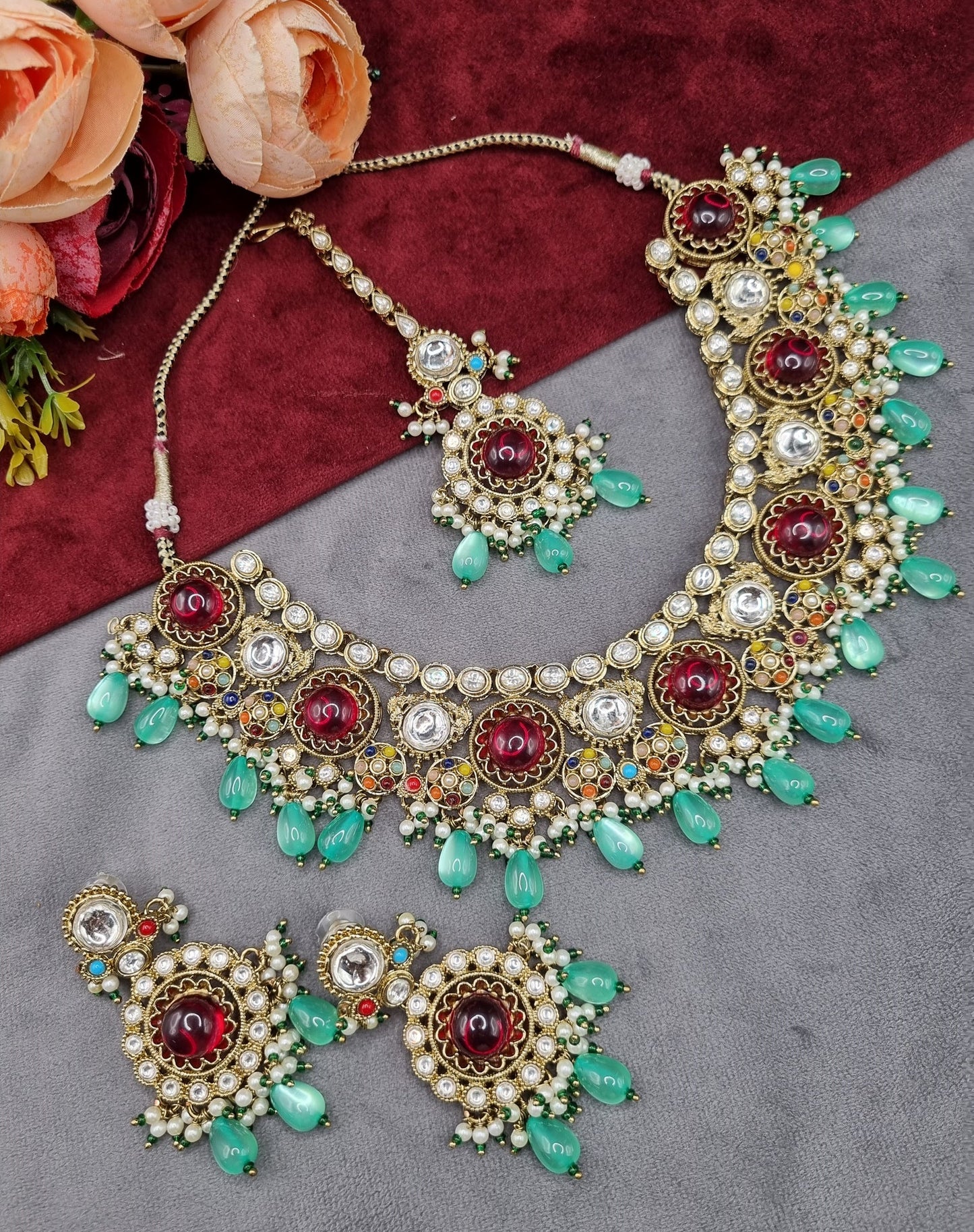 Traditional Gold-Tone Kundan Choker Set with Pearl Accents