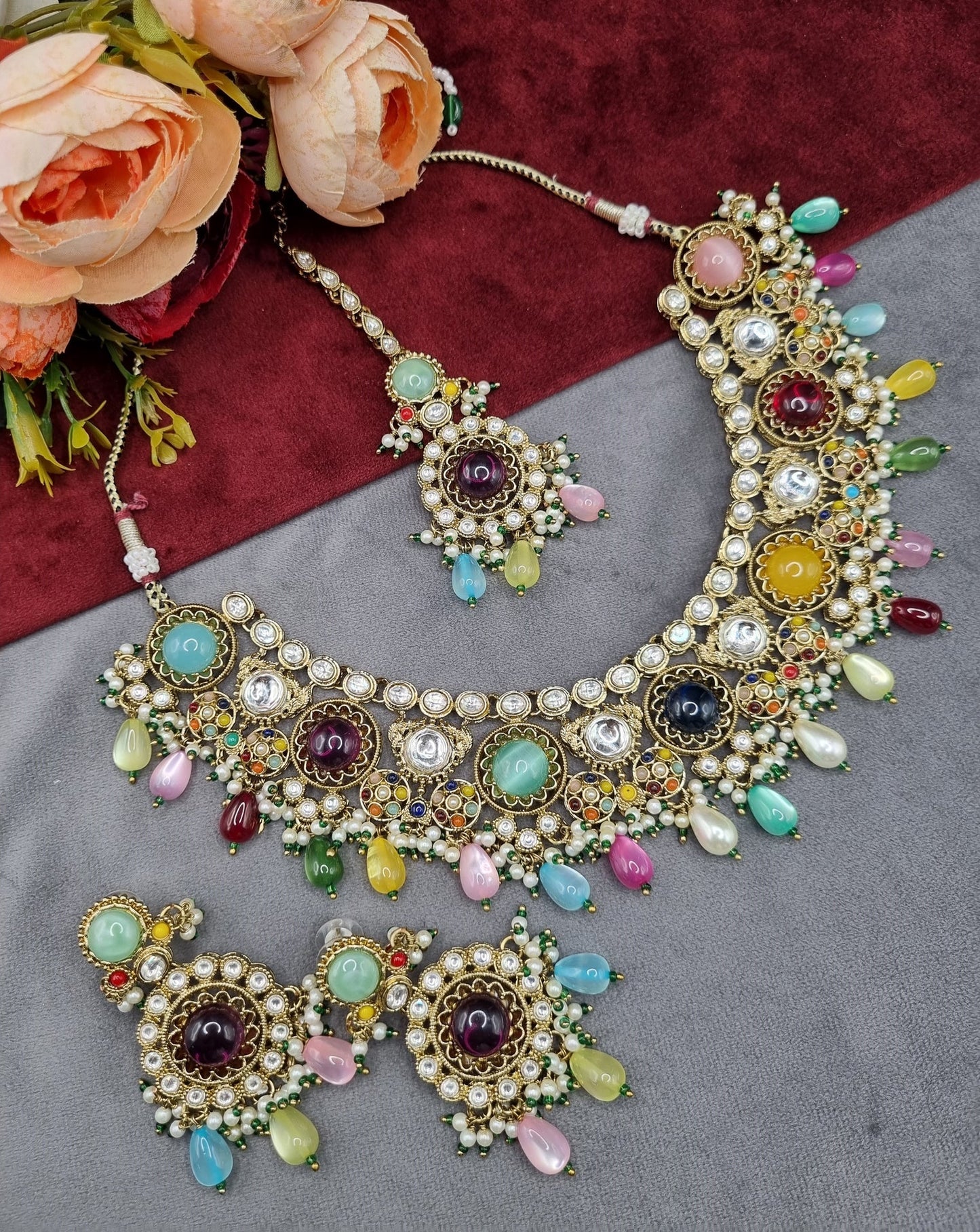 Traditional Gold-Tone Kundan Choker Set with Pearl Accents