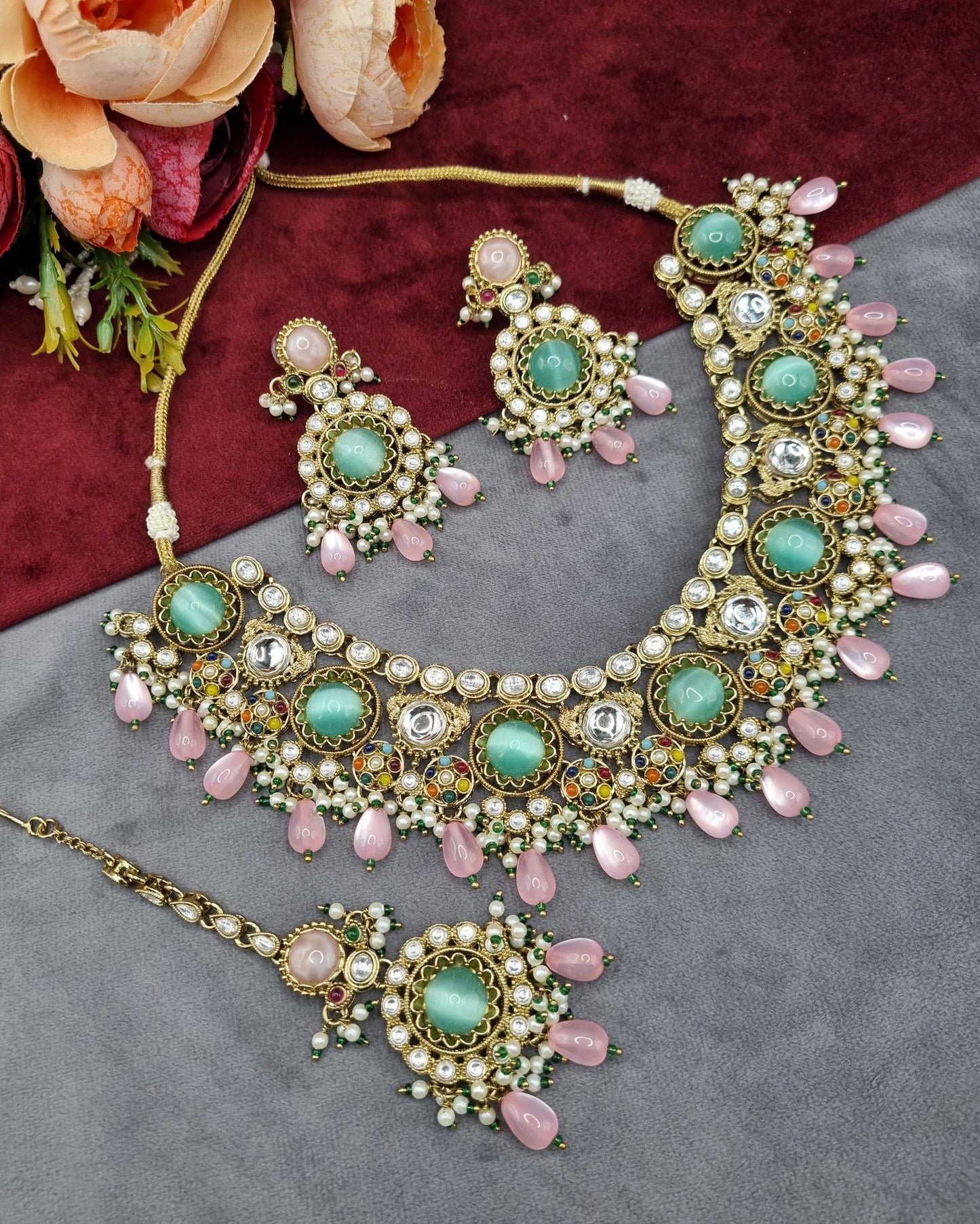 Traditional Gold-Tone Kundan Choker Set with Pearl Accents
