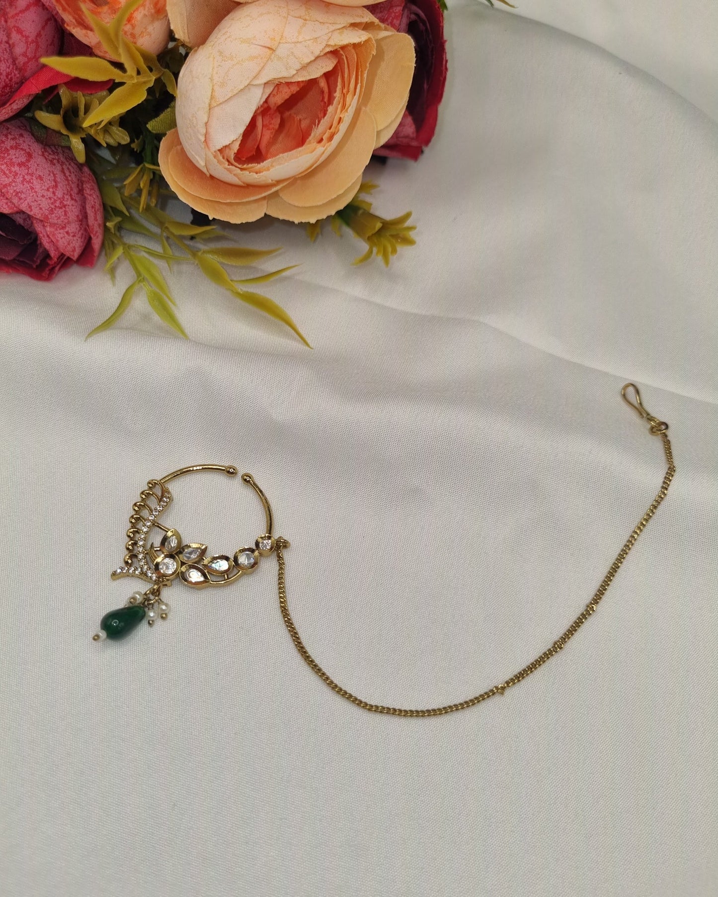 TRADITIONAL KUNDAN & DROP BEAD NOSE RING WITH HAIR CHAIN