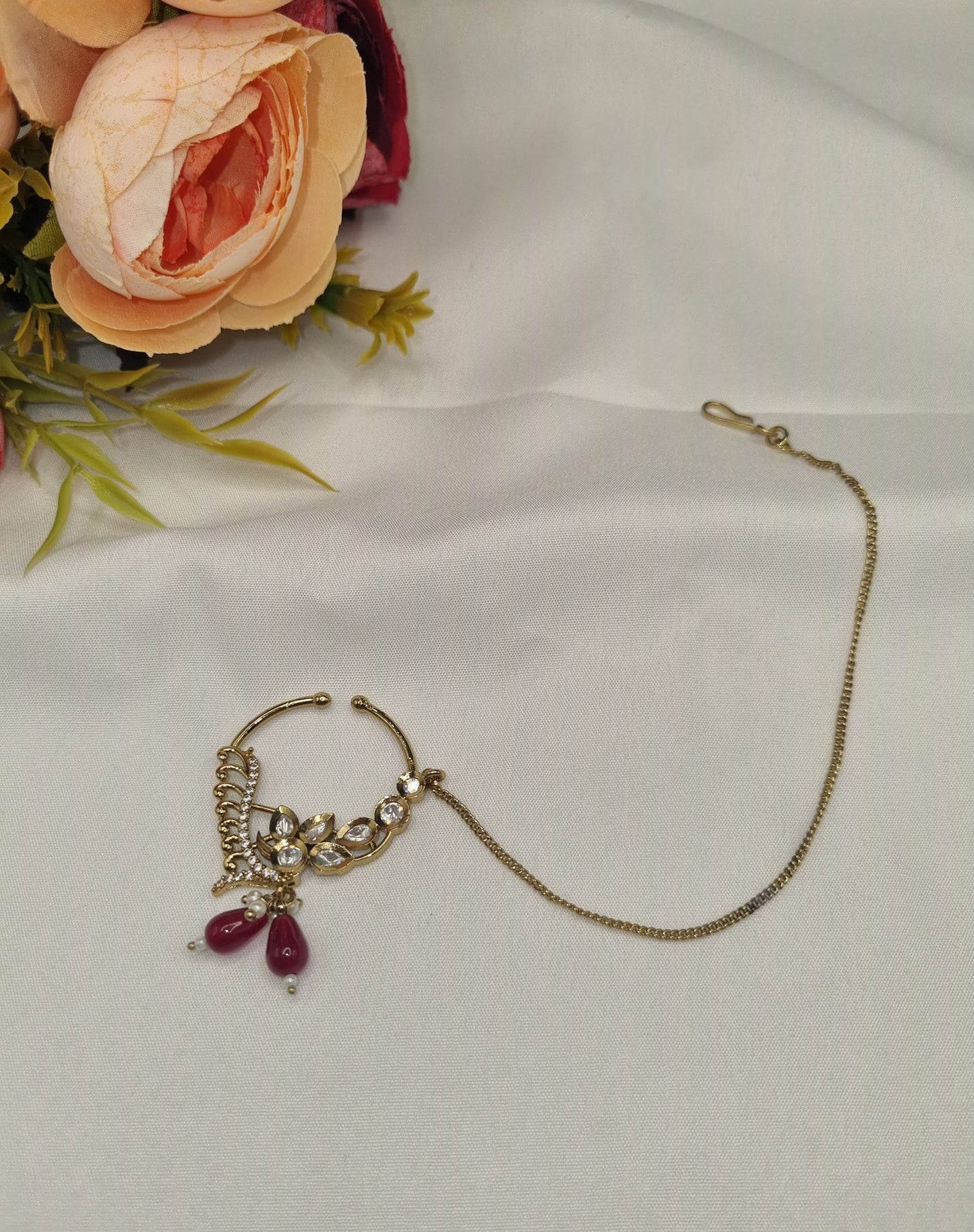 TRADITIONAL KUNDAN & DROP BEAD NOSE RING WITH HAIR CHAIN