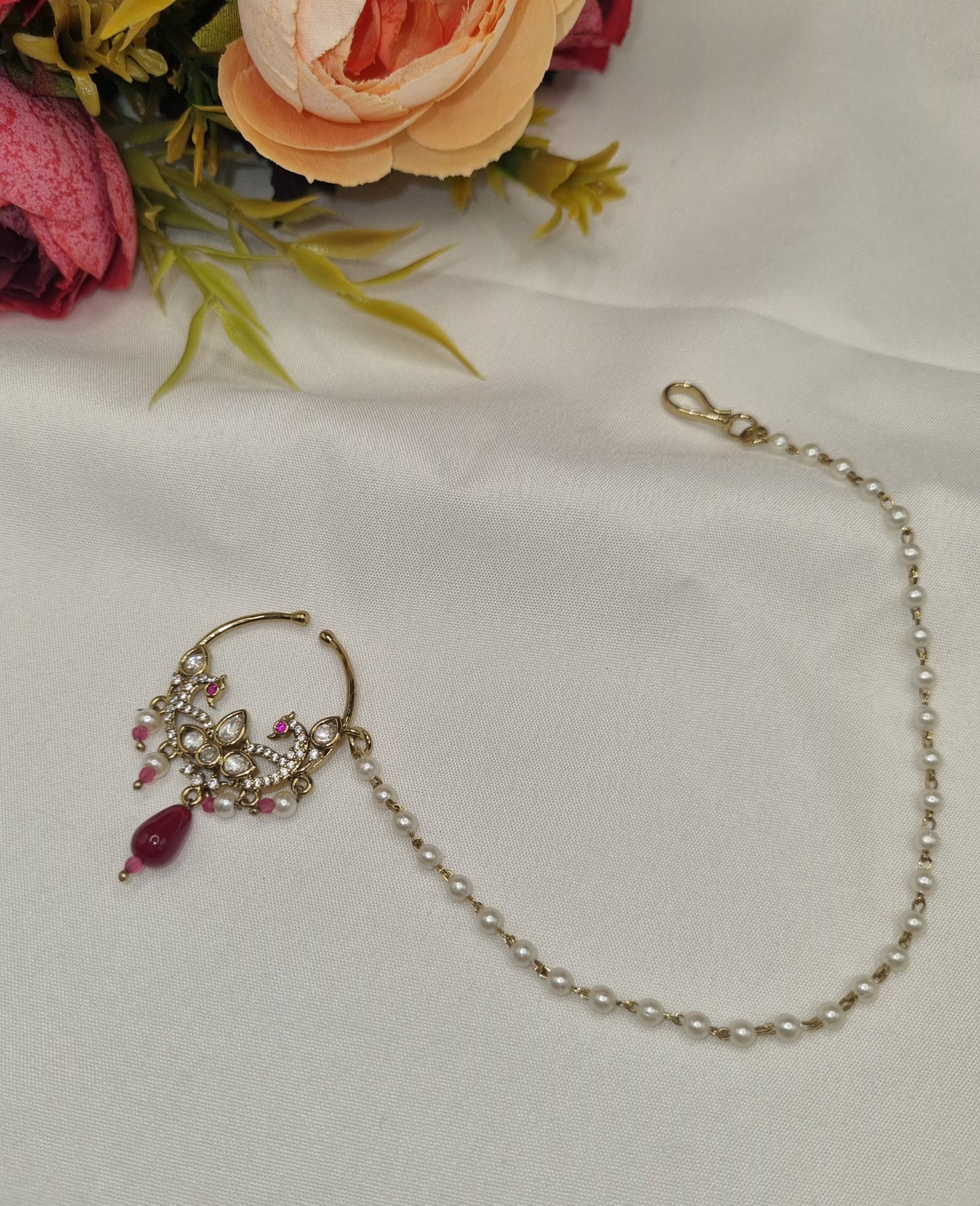 TRADITIONAL KUNDAN & DROP BEAD NOSE RING WITH HAIR CHAIN