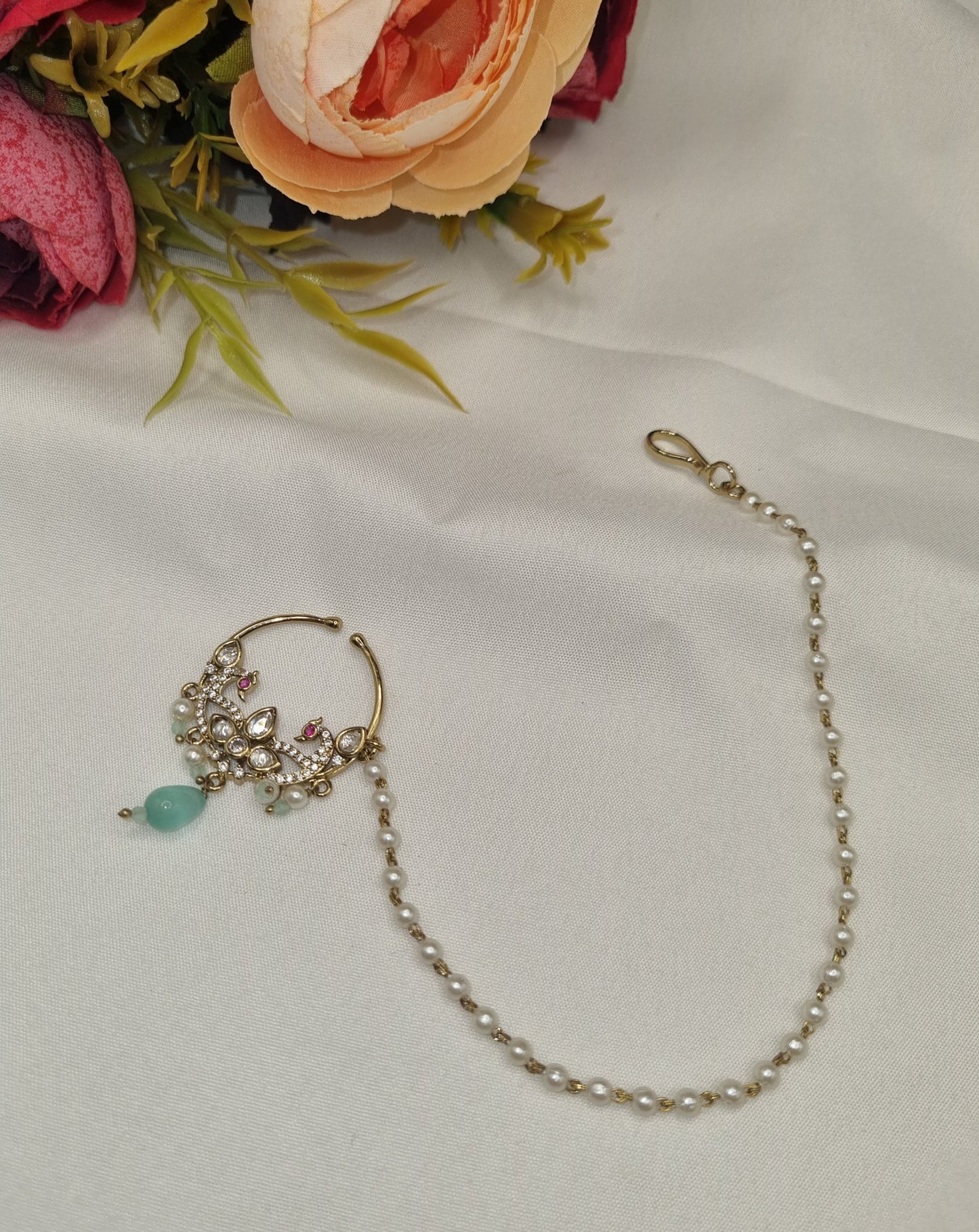 TRADITIONAL KUNDAN & DROP BEAD NOSE RING WITH HAIR CHAIN