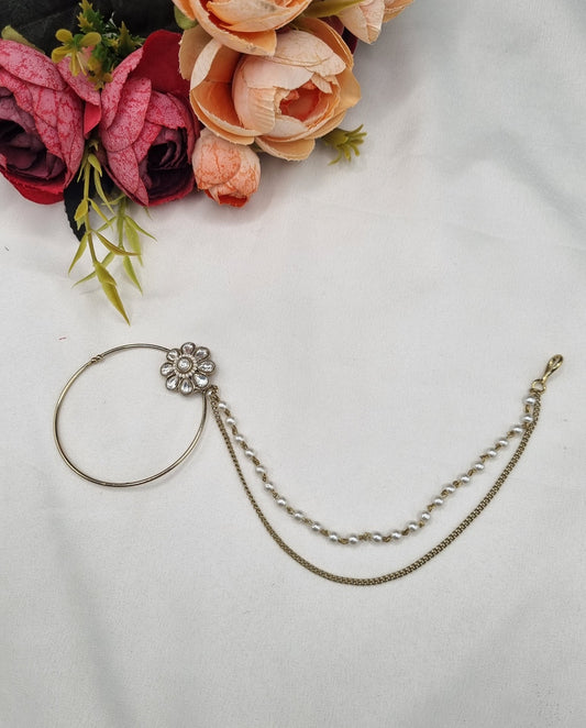 Traditional Floral Stone Nath with Double Pearl Chain