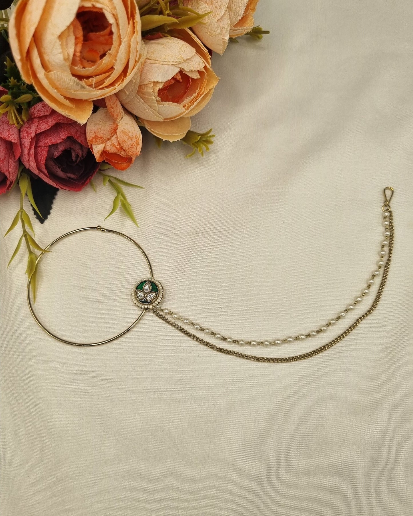 Classic Floral Motif Bridal Nath with Pearl & Layered Chain