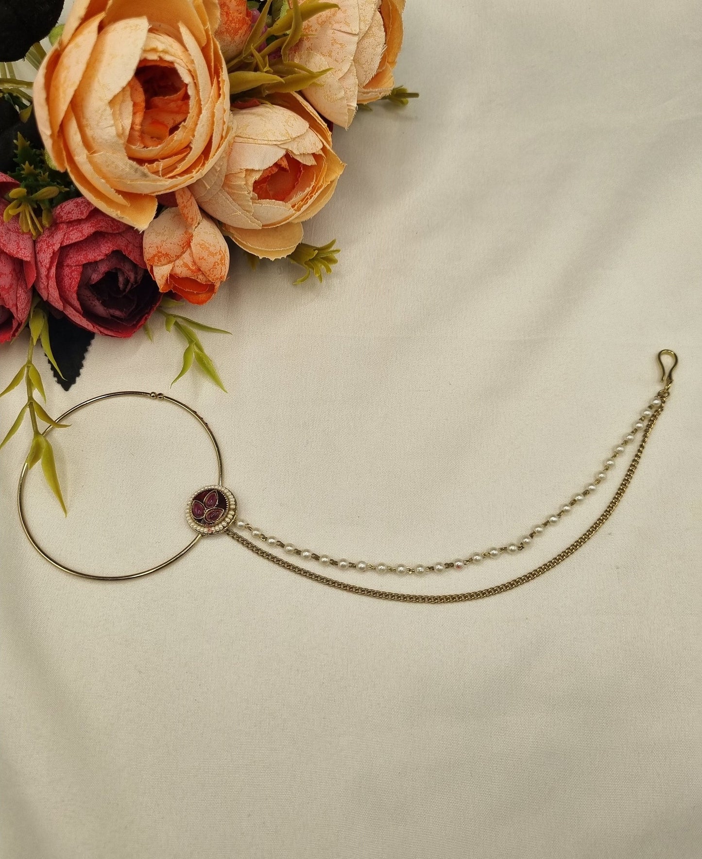 Classic Floral Motif Bridal Nath with Pearl & Layered Chain