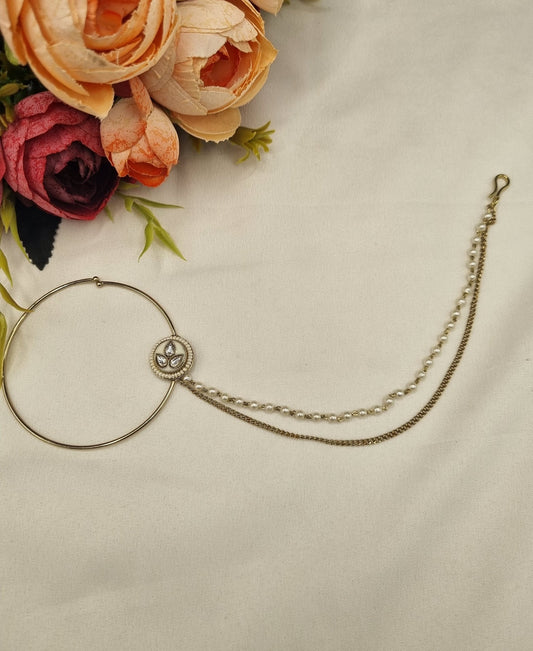 Classic Floral Motif Bridal Nath with Pearl & Layered Chain