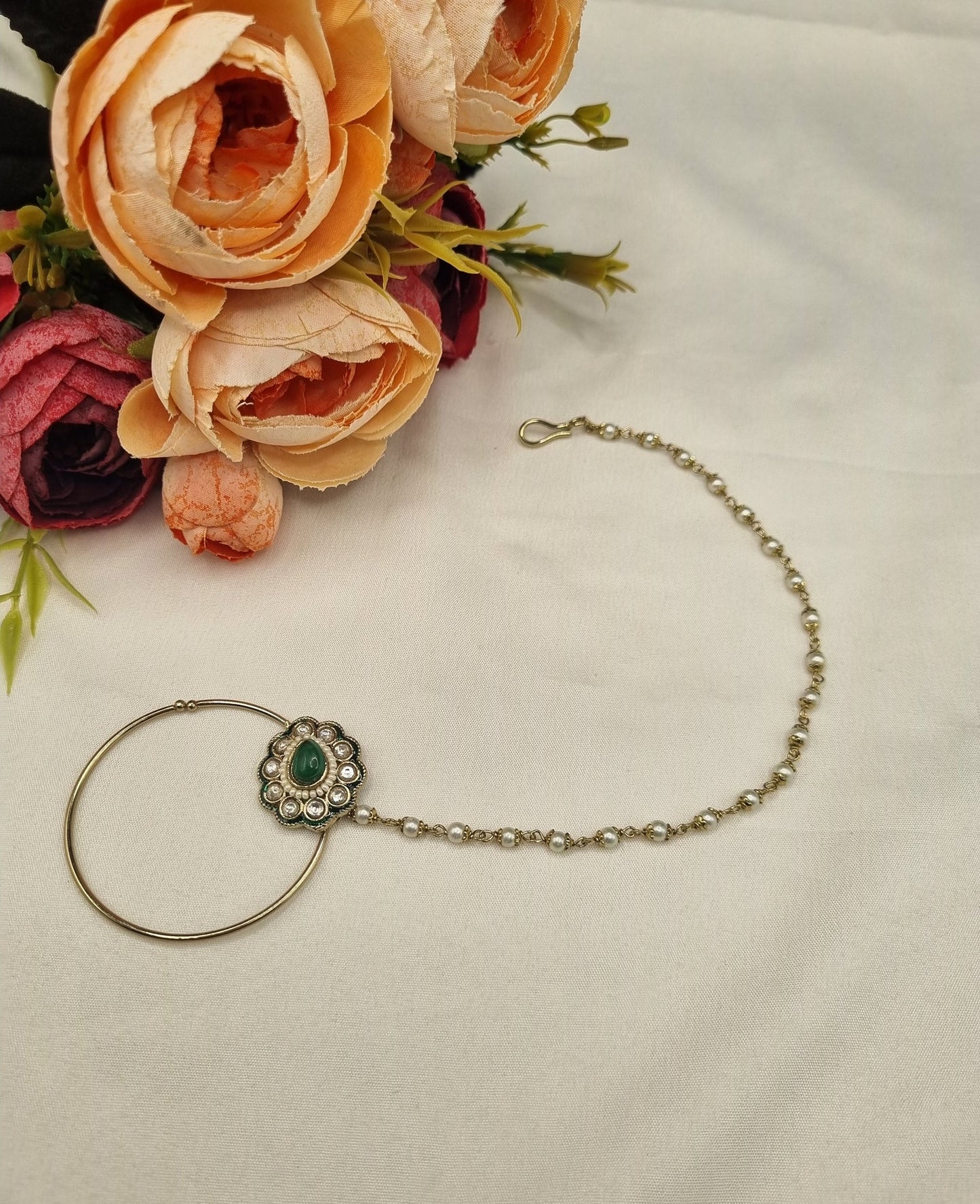 Floral Cabochon Nath with Beaded Pearl Chain