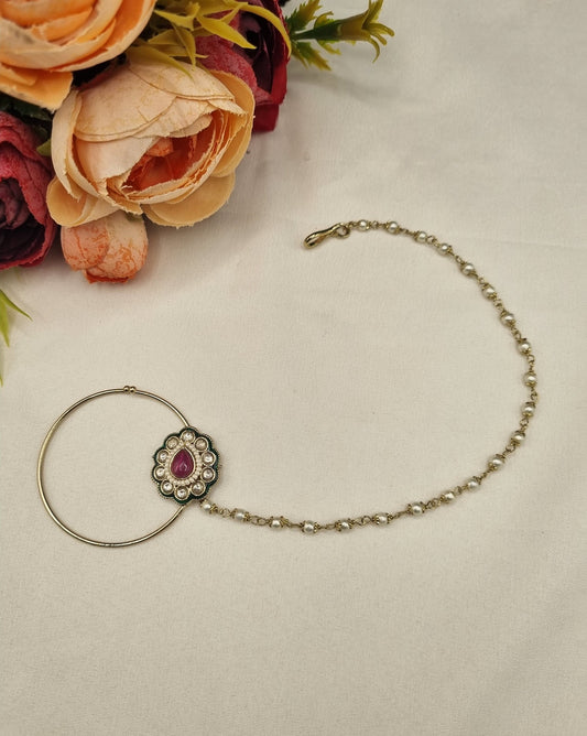 Floral Cabochon Nath with Beaded Pearl Chain