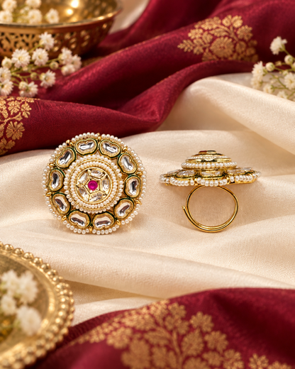 Intricate Dome-Style Concentric Statement Ring with Pearl Halo
