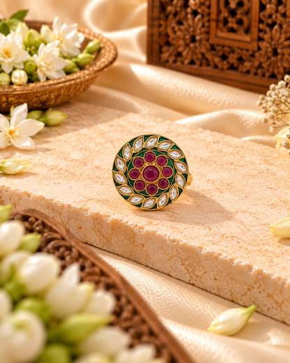 Gold-Plated Leaf-Motif Swirl Adjustable Ring