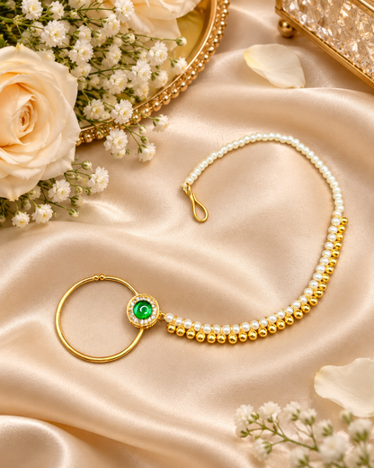 Traditional Stone-Studded Nath Ring with Pearl Support Chain