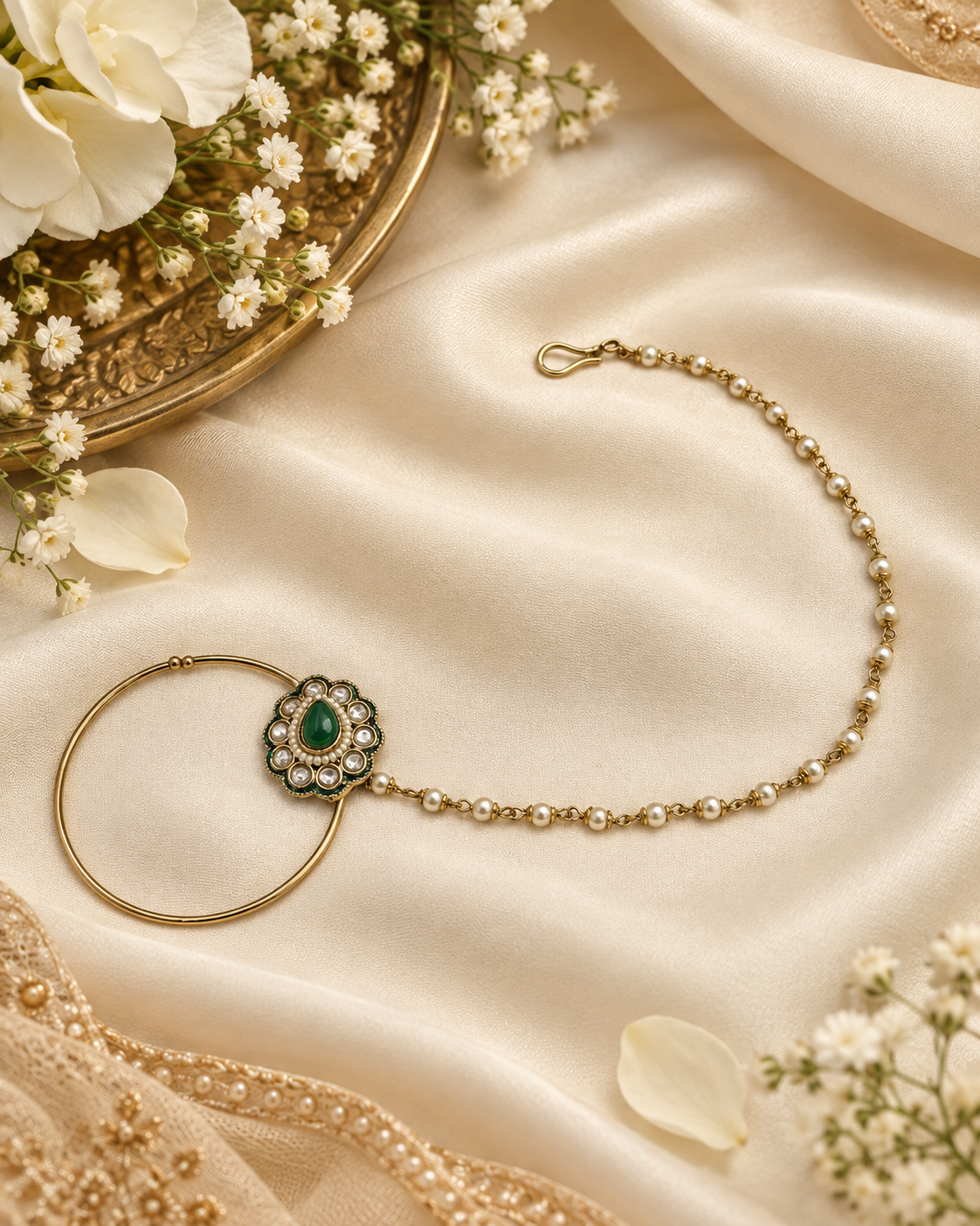 Floral Cabochon Nath with Beaded Pearl Chain