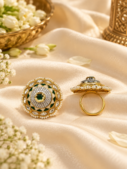 Dome Medallion Statement Ring with Micro-Pearl Border