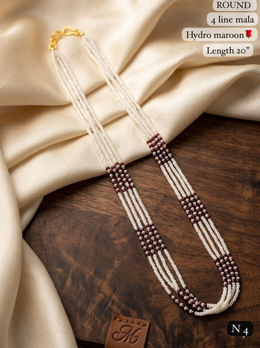 Elegant 4-Line Maroon Bead Mala Necklace – 20" Lenght  Festal Kantha Mala