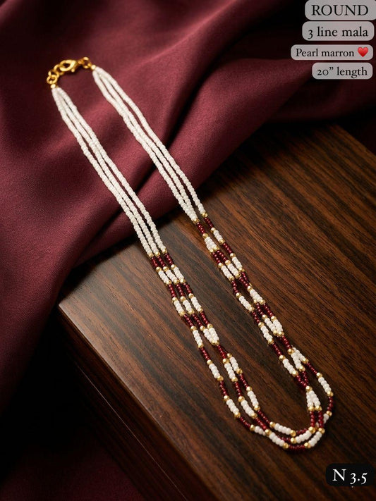 Elegant 3-Line Maroon & Green Bead Mala Necklace – 20" Lenght  Festal Kantha Mala